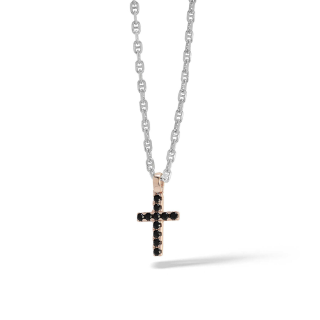 Collana Comete Tennis Argento Maglia Marinara Pendente Rosato Croce Zirconi Neri