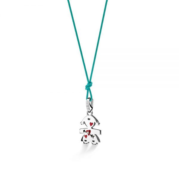Ciondolo Lebebé I Classici Bimba Oro Bianco 9 Kt Cuore Diamantino con Cordino Doppio Nero/Turchese