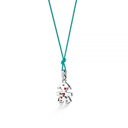 Ciondolo Lebebé I Classici Bimba Oro Bianco 9 Kt Cuore Diamantino con Cordino Doppio Nero/Turchese