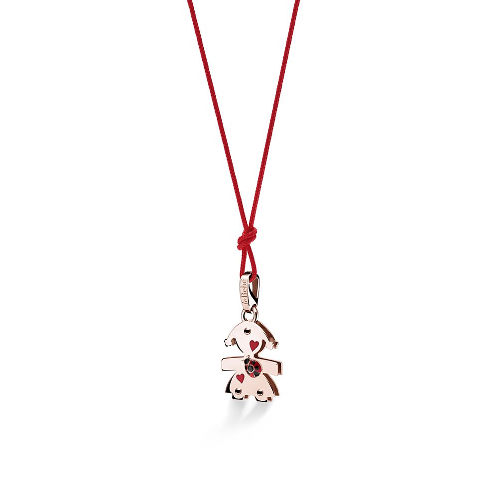 Ciondolo Lebebé I Classici Pendente Bimba Oro Rosa 9 Kt Coccinella Cordino Doppio Nero/Rosso