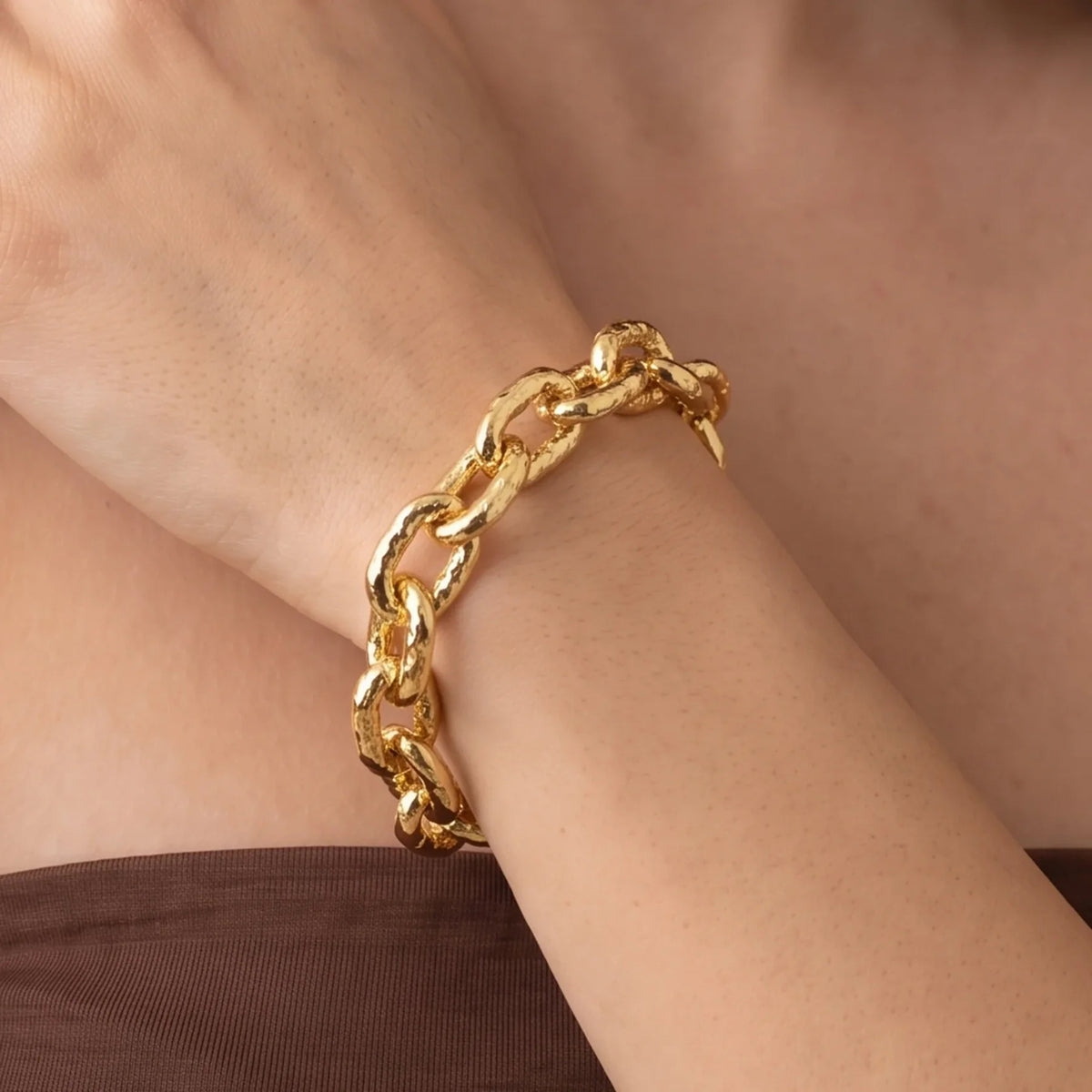 Bracciale Etrusca Gioielli Lega Golden Placcata Oro Maglie Ovali Martellate