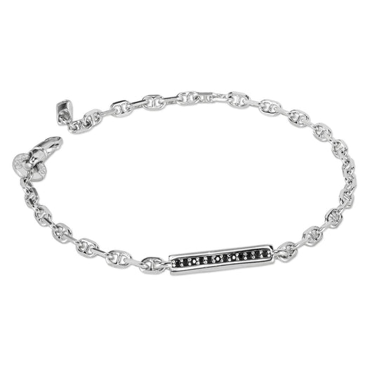 Bracciale Boccadamo Man Argento Maglia Marinara Piastrina Laterale Zirconi Neri