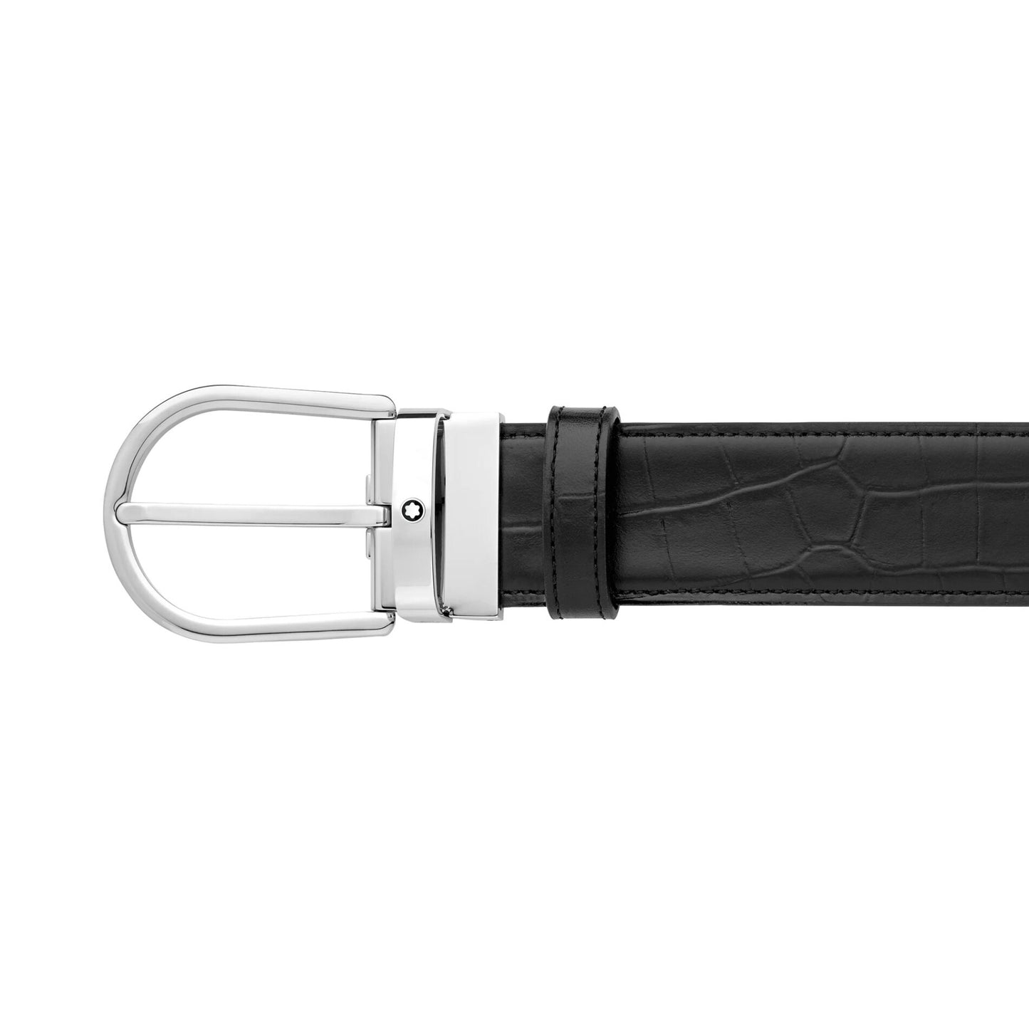 Cinture Montblanc Belt-Horseshoe Siny Palladium Cintura Pelle Nera Stampa Coccodrillo