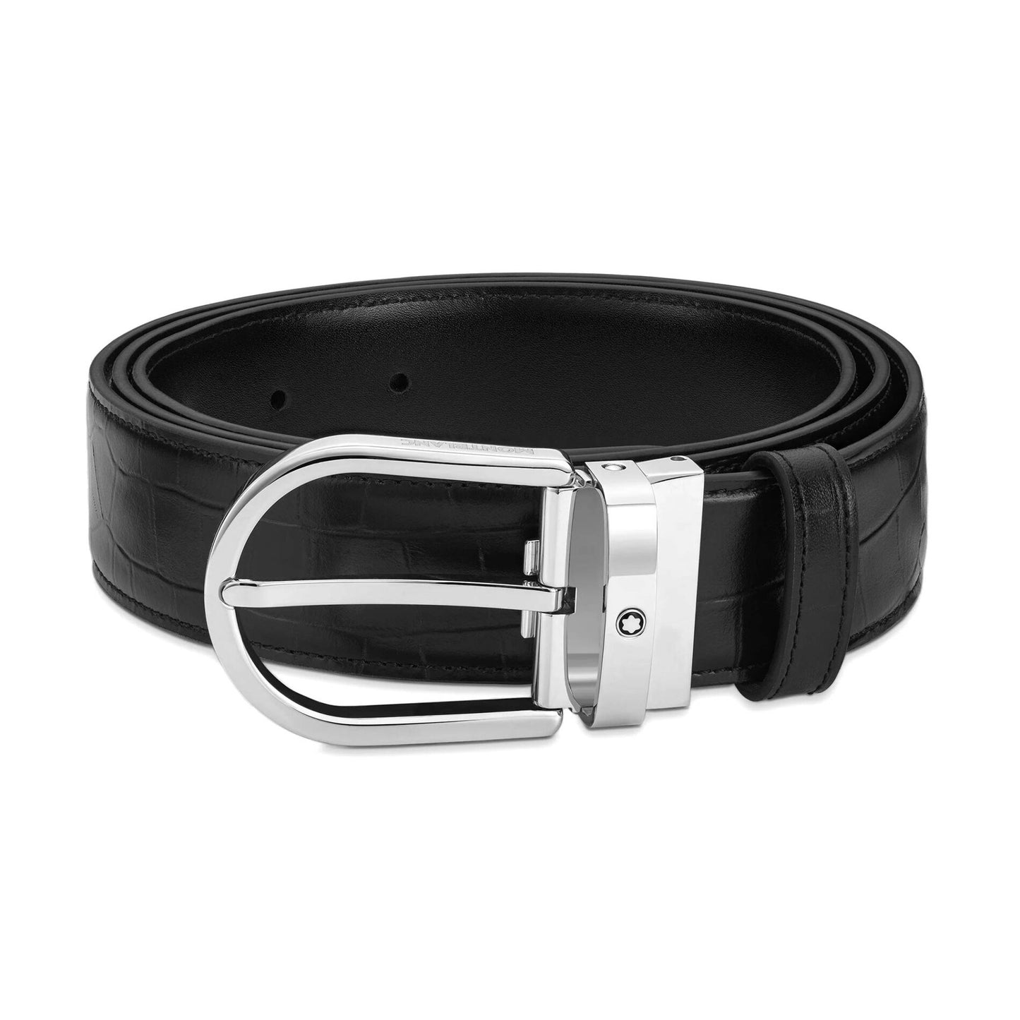 Cinture Montblanc Belt-Horseshoe Siny Palladium Cintura Pelle Nera Stampa Coccodrillo