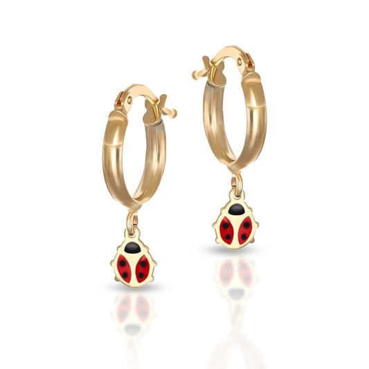 Orecchini A Cerchio con Pendente Dana Brillì Baby Oro Giallo 9 Kt Coccinella Smalto Rosso/Nero