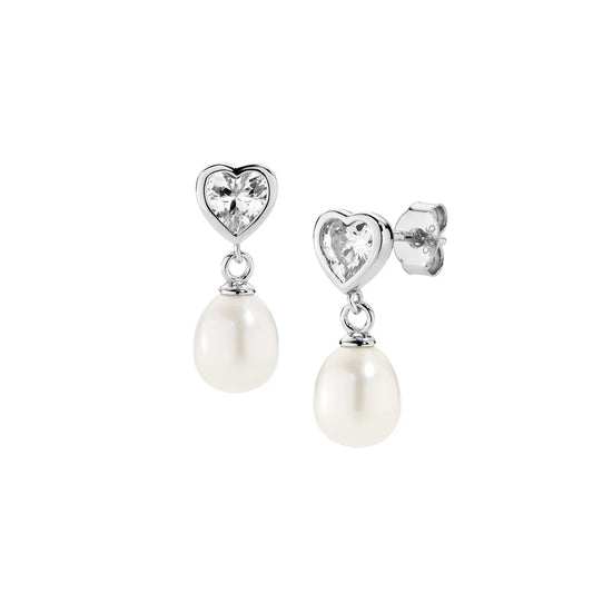 Orecchini Pendenti Amen Perle Argento Zircone Taglio Cuore e Perle A Goccia