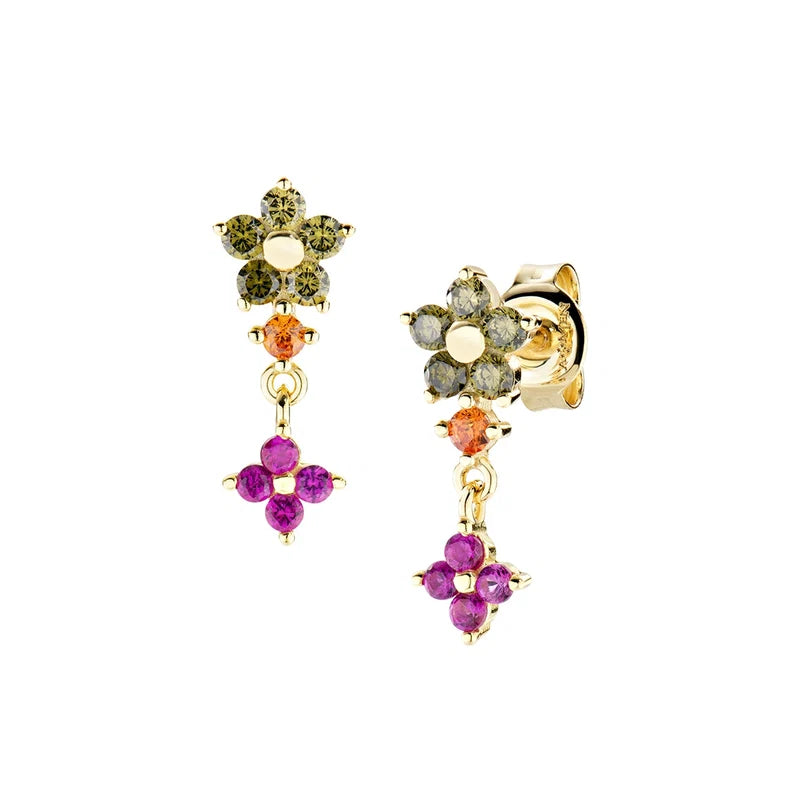 Orecchini Pendenti Amen Fiori Argento Dorato Fiore Primula Zirconi Multicolor