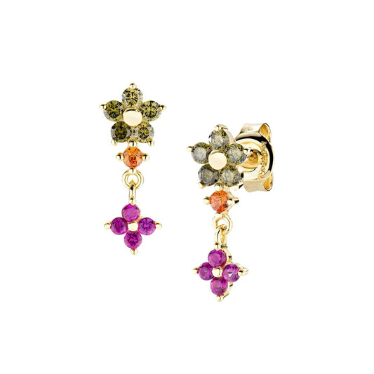 Orecchini Pendenti Amen Fiori Argento Dorato Fiore Primula Zirconi Multicolor