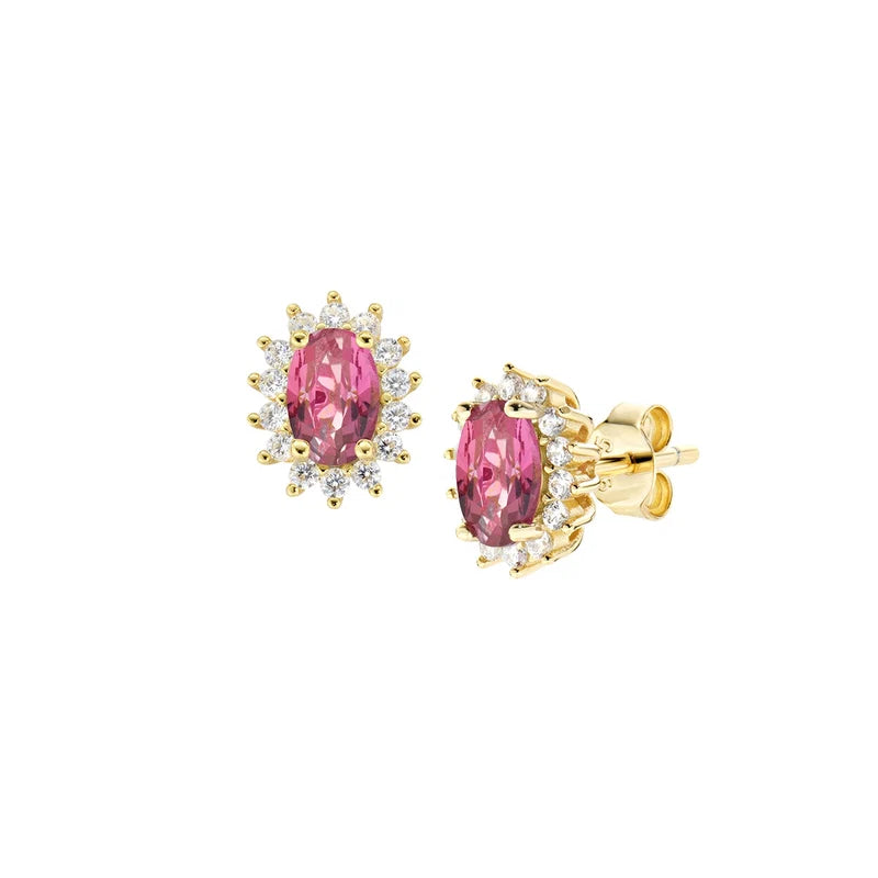 Orecchini Lobo Amen Lady Royal Mini Argento Dorato Zircone Ovale Rosso Ciliegia Contornato
