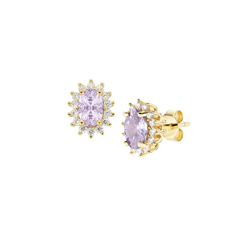 Orecchini Lobo Amen Lady Royal Mini Argento Dorato Zircone Ovale Lilla Contornato