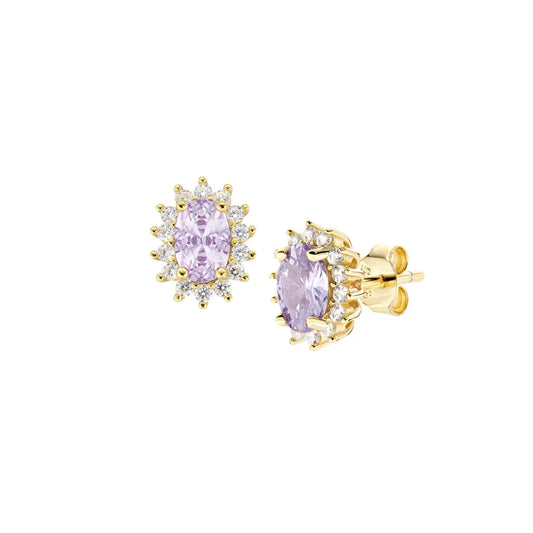Orecchini Lobo Amen Lady Royal Mini Argento Dorato Zircone Ovale Lilla Contornato