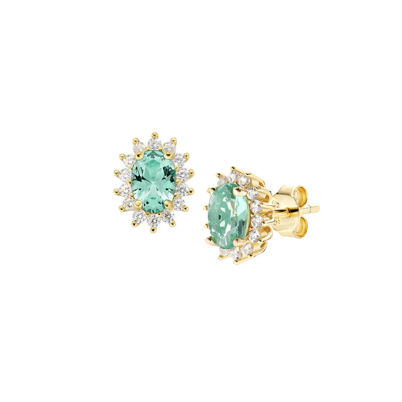 Orecchini Lobo Amen Lady Royal Mini Argento Dorato Zircone Ovale Verde Acqua Contornato