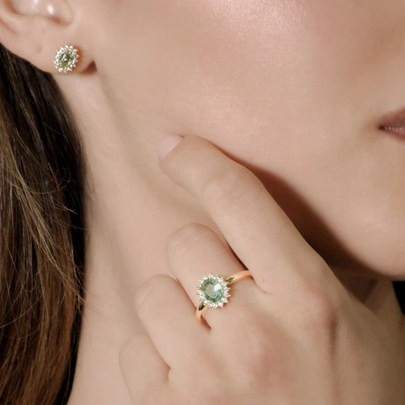 Orecchini Lobo Amen Lady Royal Mini Argento Dorato Zircone Ovale Verde Acqua Contornato
