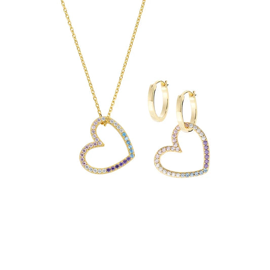 Set Collana + Orecchini Amen Cuori Ottone Pvd Oro Placcato 18 Kt Cristalli Rainbow
