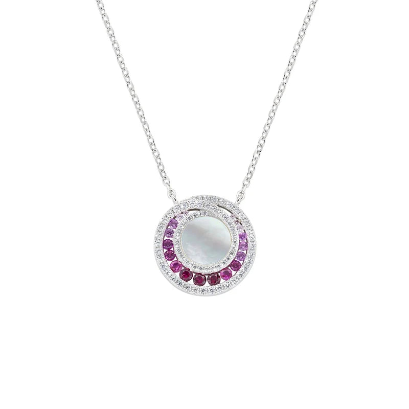 Collana Amen Ottone Pvd Oro Bianco Pendente Madreperla Centrale Cristalli Degradè Fucsia