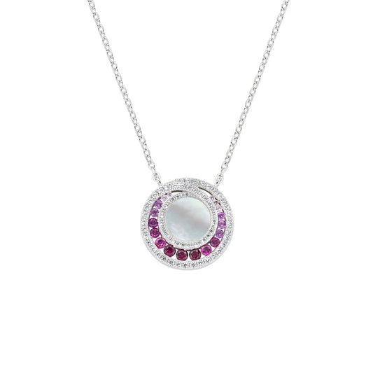 Collana Amen Ottone Pvd Oro Bianco Pendente Madreperla Centrale Cristalli Degradè Fucsia