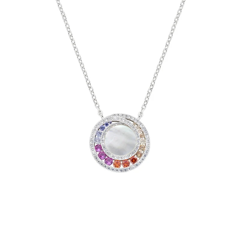 Collana Amen Ottone Pvd Oro Bianco Pendente Madreperla Centrale Cristalli Rainbow