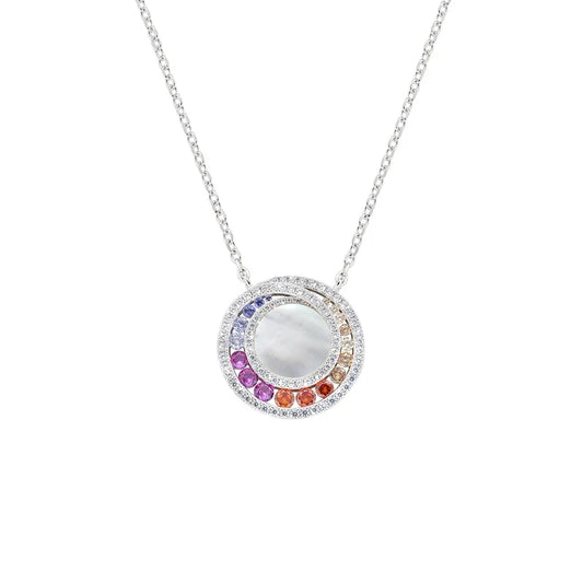 Collana Amen Ottone Pvd Oro Bianco Pendente Madreperla Centrale Cristalli Rainbow