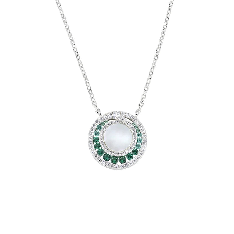 Collana Amen Ottone Pvd Oro Bianco Pendente Madreperla Centrale Cristalli Degradè Verde