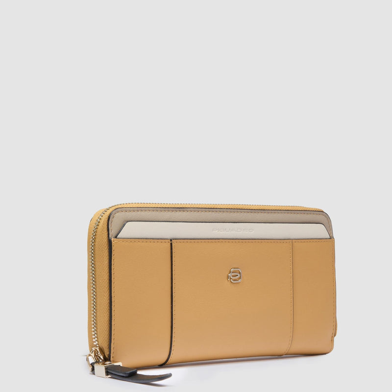 Portafogli Piquadro Portafoglio Donna Quattro Soffietti Chiuso Zip Pelle Gialla Beige