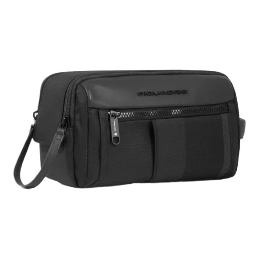 Beauty Piquadro Case In Tessuto Nero Inserti Pelle Nera