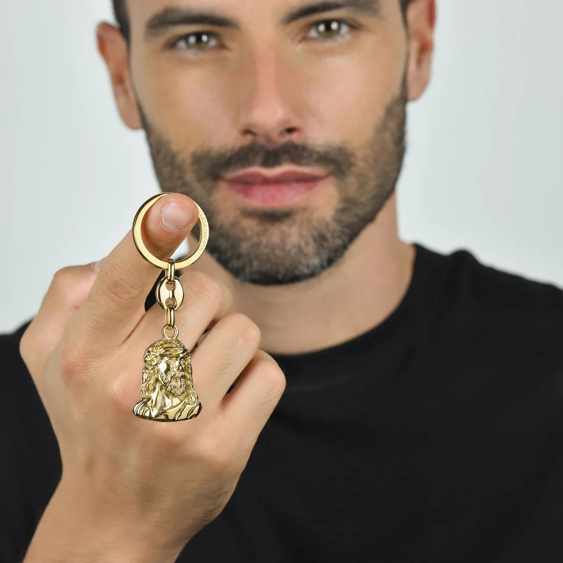 Portachiavi Luca Barra Pvd Oro Con Volto Del Cristo