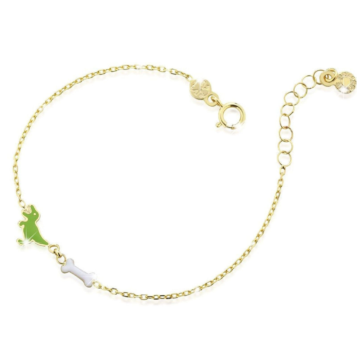 Bracciale Lebebé Prime Gioie Toys Oro Giallo 9 Kt Dinosauro Smalto Verde e Osso