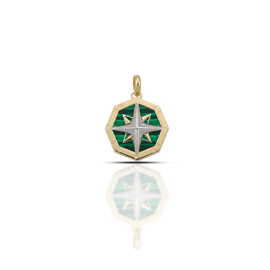 Ciondolo Dana Meridian Ottagonale Oro Giallo 9 Kt con Malachite E Rosa Dei Venti Oro Bianco