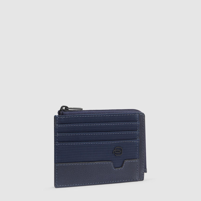Portacarte Credito Piquadro Tascabile Portamonete Tessuto Inserti Pelle Blu
