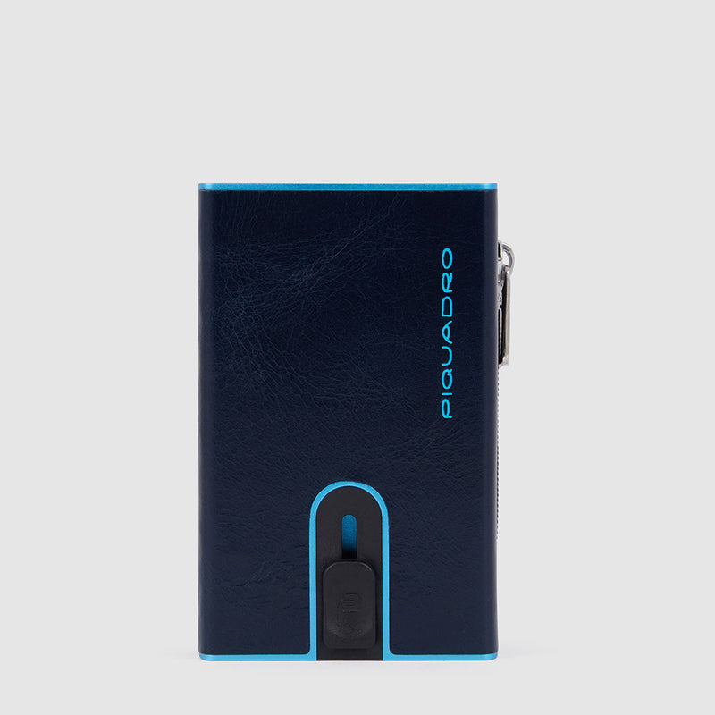 Portacarte Di Credito Piquadro Rigido Sliding System Porta Banconote E Portamonete In Pelle Blu