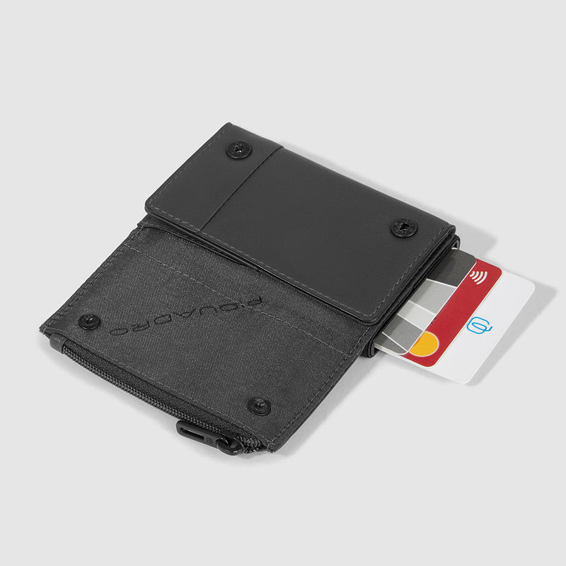 Portacarte Di Credito Piquadro Rigido Sliding System Porta Banconote E Monete In Tessuto Inserti Pelle Nera