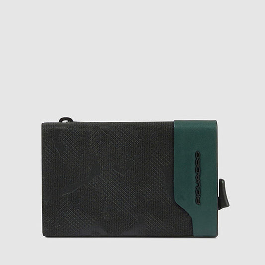 Portacarte Di Credito Piquadro Rigido Sliding System Porta Banconote Monete In Tessuto Inserti Pelle Verde