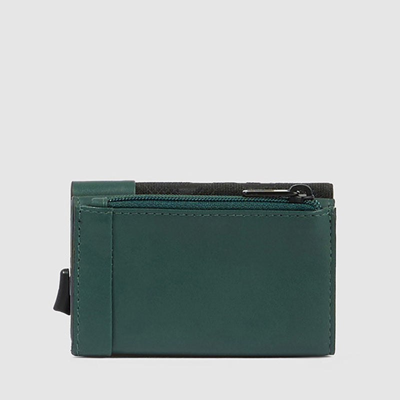 Portacarte Di Credito Piquadro Rigido Sliding System Porta Banconote Monete In Tessuto Inserti Pelle Verde
