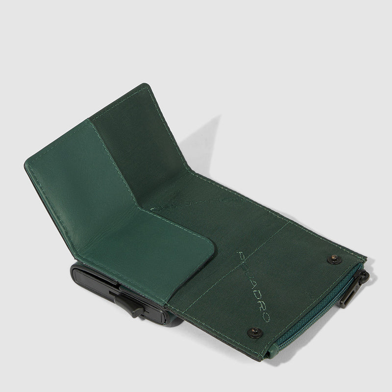 Portacarte Di Credito Piquadro Rigido Sliding System Porta Banconote Monete In Tessuto Inserti Pelle Verde