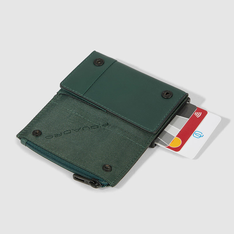 Portacarte Di Credito Piquadro Rigido Sliding System Porta Banconote Monete In Tessuto Inserti Pelle Verde