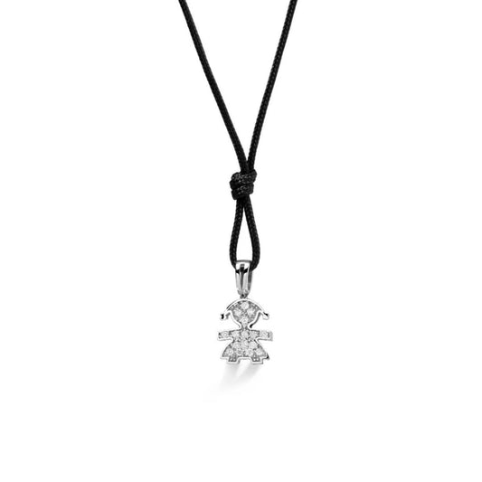 Ciondolo Lebebé I Pavè Micro Pendente Bimba Oro Bianco 9 Kt con Brillanti Micro-Setting Cordino Nero