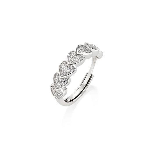 Anello Amen Regolabile Tanti Cuori Argento Con 7 Pavè Di Zirconi - Misura 16 A 20