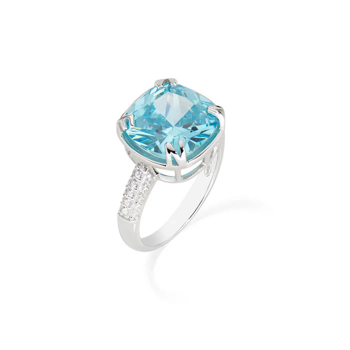Anello Amen Cocktail Argento Zircone Quadrato Acqua Marina e Zirconi - Misura 14
