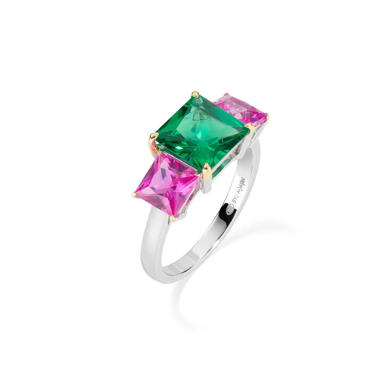 Anello Trilogy Amen Cocktail  Argento Zirconi Fucsia/Verde - Misura 14