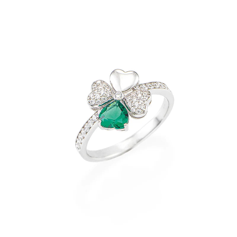 Anello Amen Quadricuore Argento Zirconi e Cristallo Verde - Misura 16