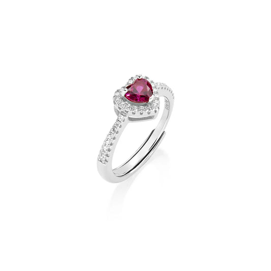 Anello Amen Regolabile Dolce Cuore Argento Zircone Fucsia Contornato - Misura 16 A 20