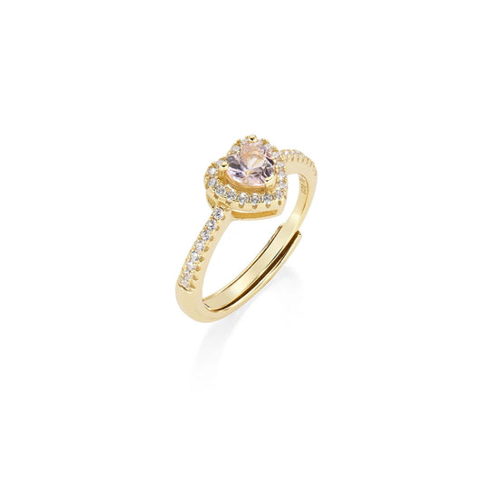 Anello Amen Regolabile Dolce Cuore Argento Dorato Morganite Rosa Contornata Da Zirconi - Misura 16 A 20