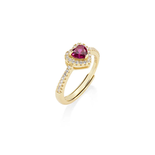 Anello Amen Regolabile Dolce Cuore Argento Dorato Con Zircone Taglio Fucsia Contornato Da Zirconi - Misura 10 A 14