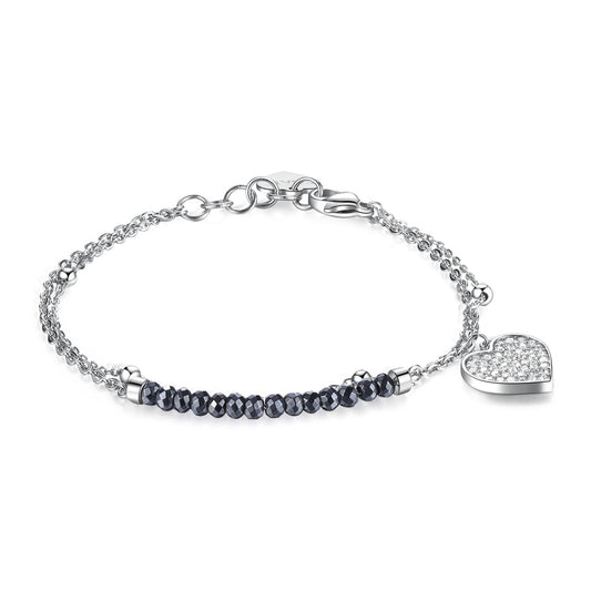 Bracciale Sagapò Aurora Bracciale A 2 Fili In Acciaio Con Sferette In Ematite E Charm Cuore In Pave' Di Cristalli