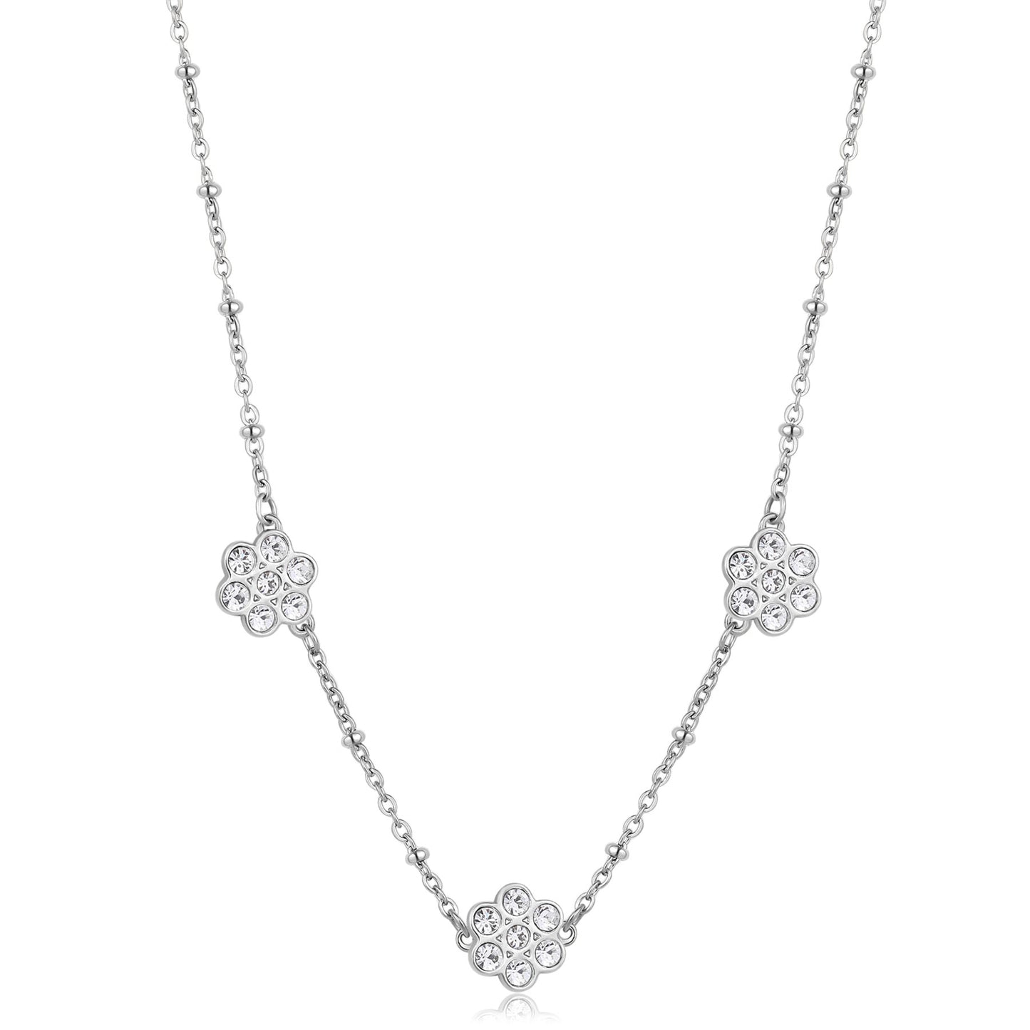 Collana Sagapò Aurora Collana In Acciaio Maglia Alternata A Pallini Con 3 Fiori Con Cristalli