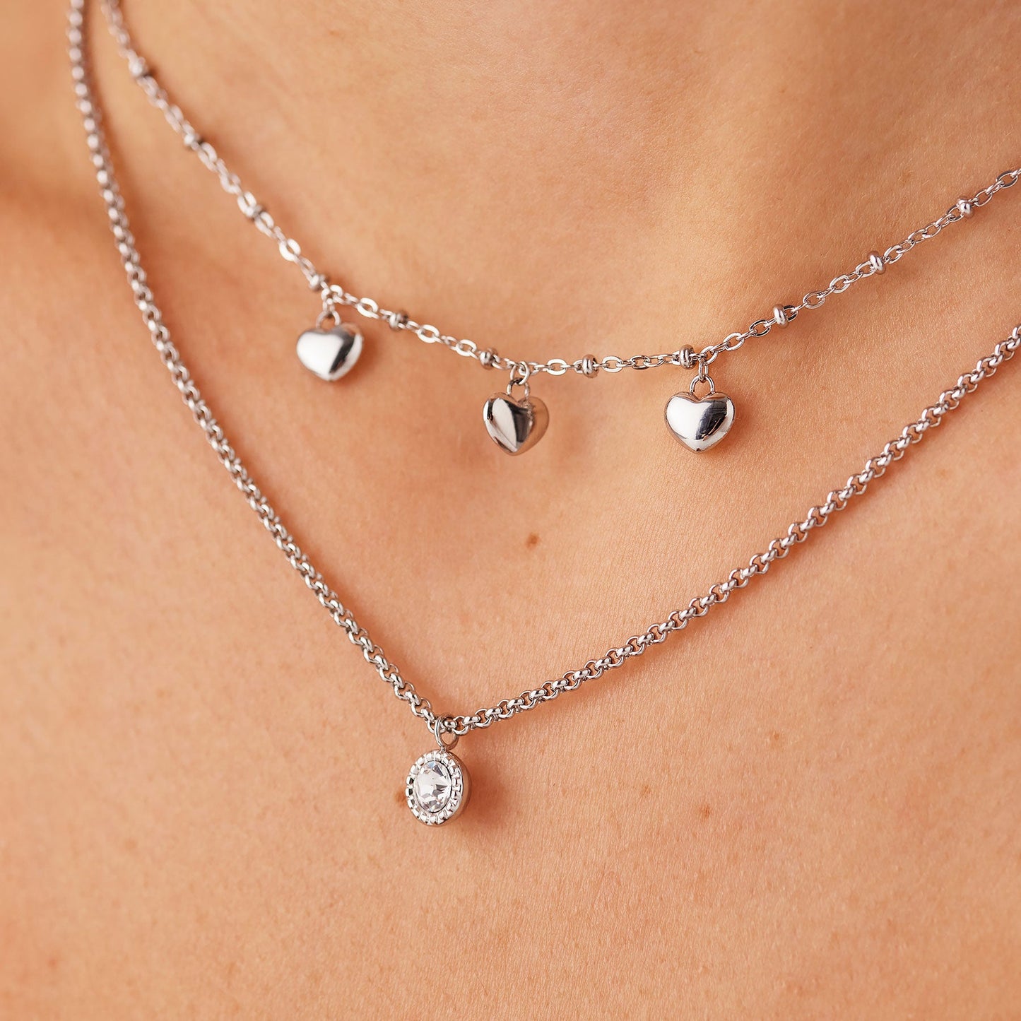 Collana Doppio Filo Sagapò Aurora Acciaio 3 Pendenti Cuore e Punto Luce