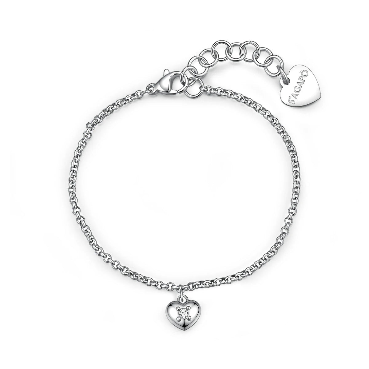 Bracciale Sagapò Aurora Acciaio Maglia Rolò Con Centrale Pendente Cuore E Cristallo