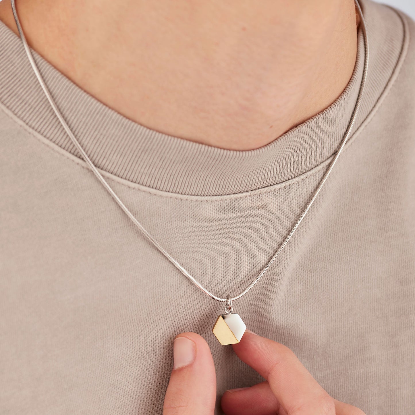 Collana Uomo Sagapò Bound Acciaio Maglia Coda Di Topo Pendente Esagonale Mix di Finiture