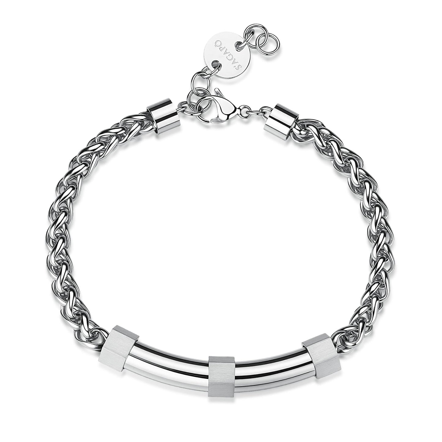 Bracciale Uomo Sagapò Bound Acciaio Maglia Spiga Piastrina Tubolare Centrale