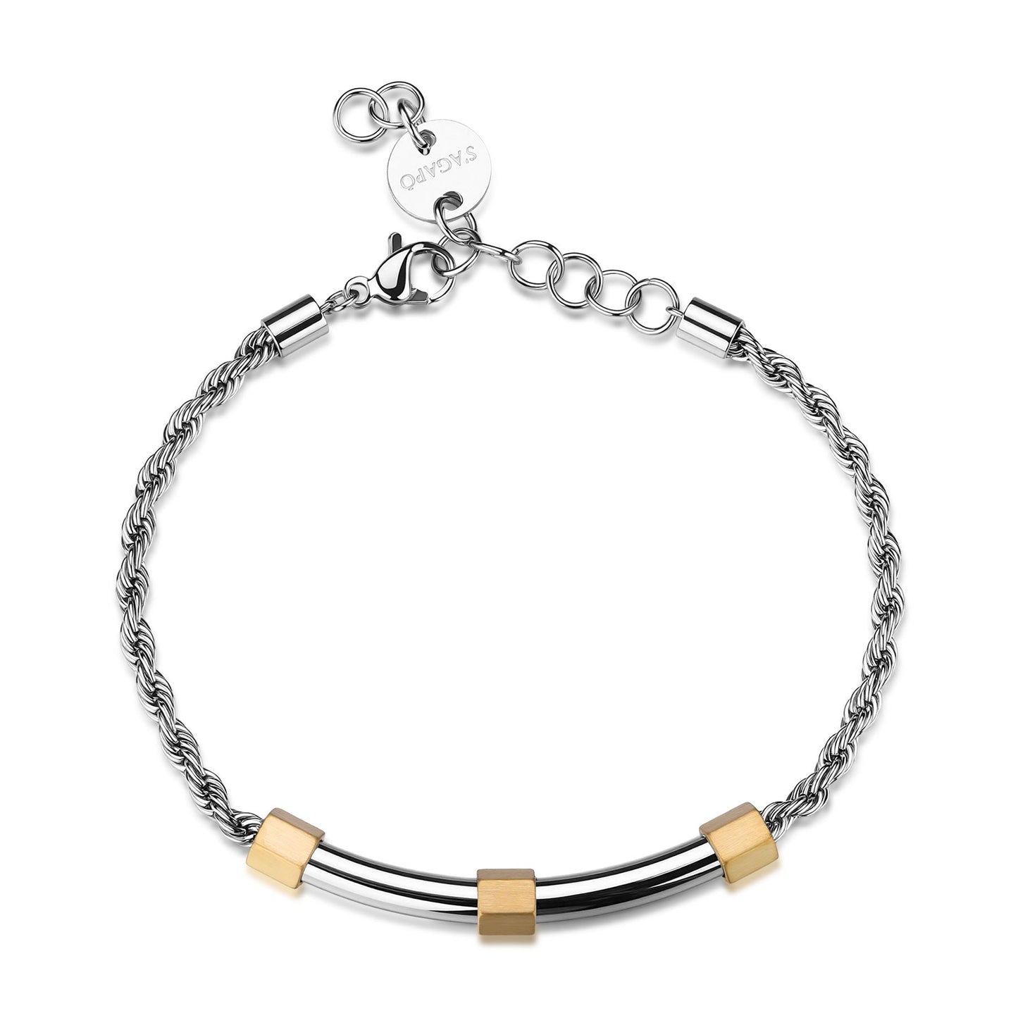 Bracciale Uomo Sagapò Bound Acciaio Maglia Fune Piastrina Tubolare Centrale ed Elementi Pvd Oro